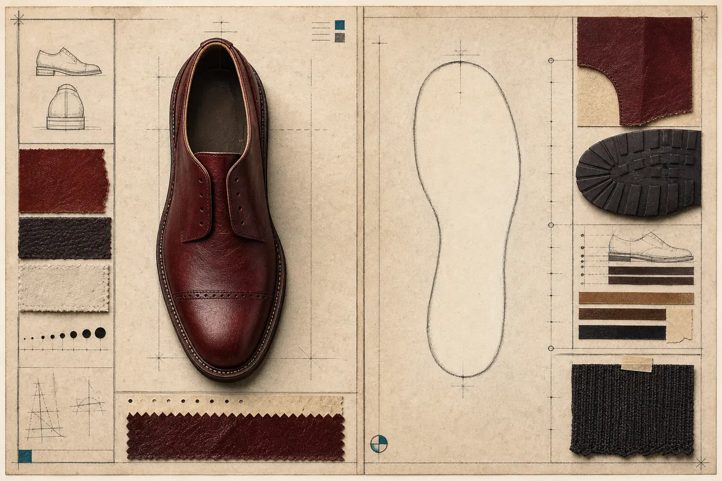 Oxblood leather shoe beside an empty shoe outline on a ruled paper dossier with leather, sole, and knit material swatches.