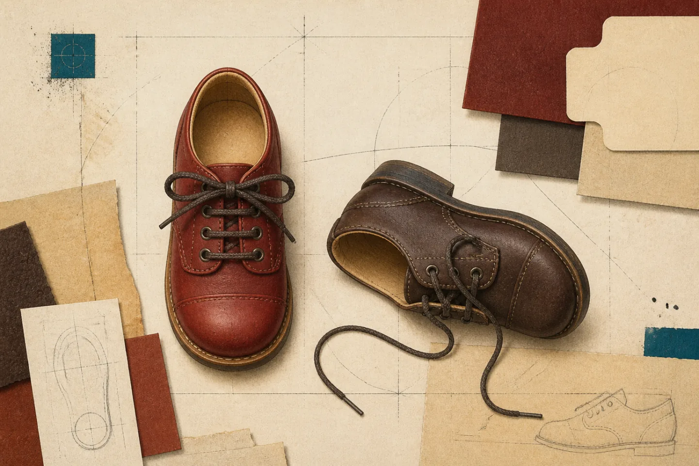 Top-down editorial illustration of a tied oxblood shoe and an untied brown shoe on a warm paper footwear dossier.