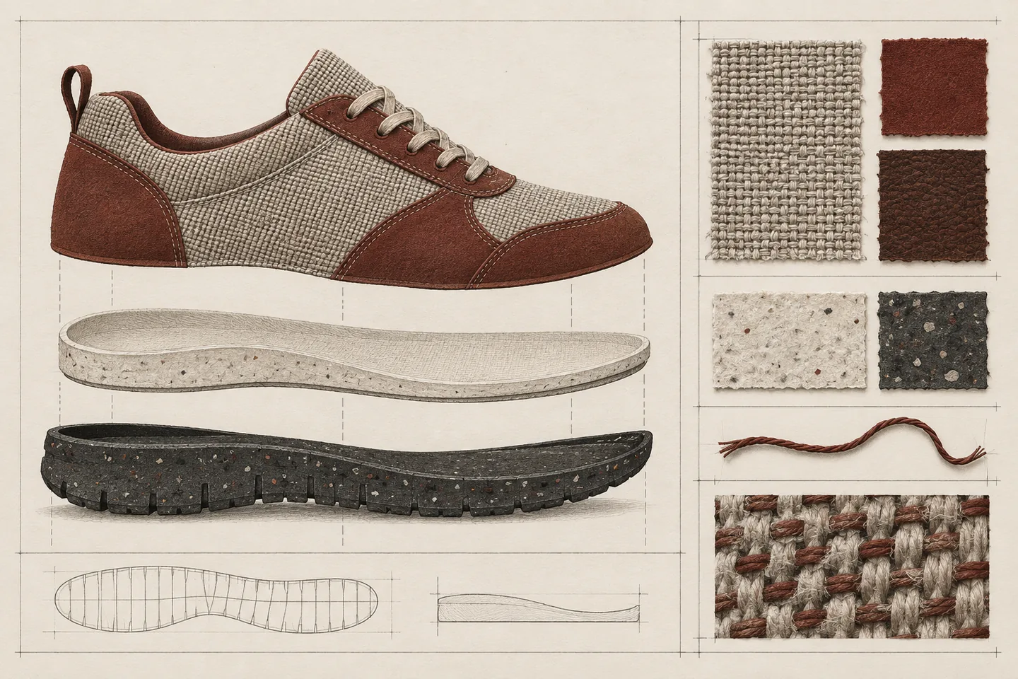 Exploded shoe illustration with an oxblood and woven-textile upper, pale footbed and speckled outsole beside material swatches on ruled warm paper.