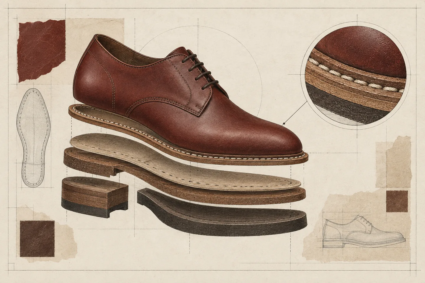 Illustration of an oxblood lace-up shoe with separated sole layers and heel, plus a magnified stitched edge, on warm paper.