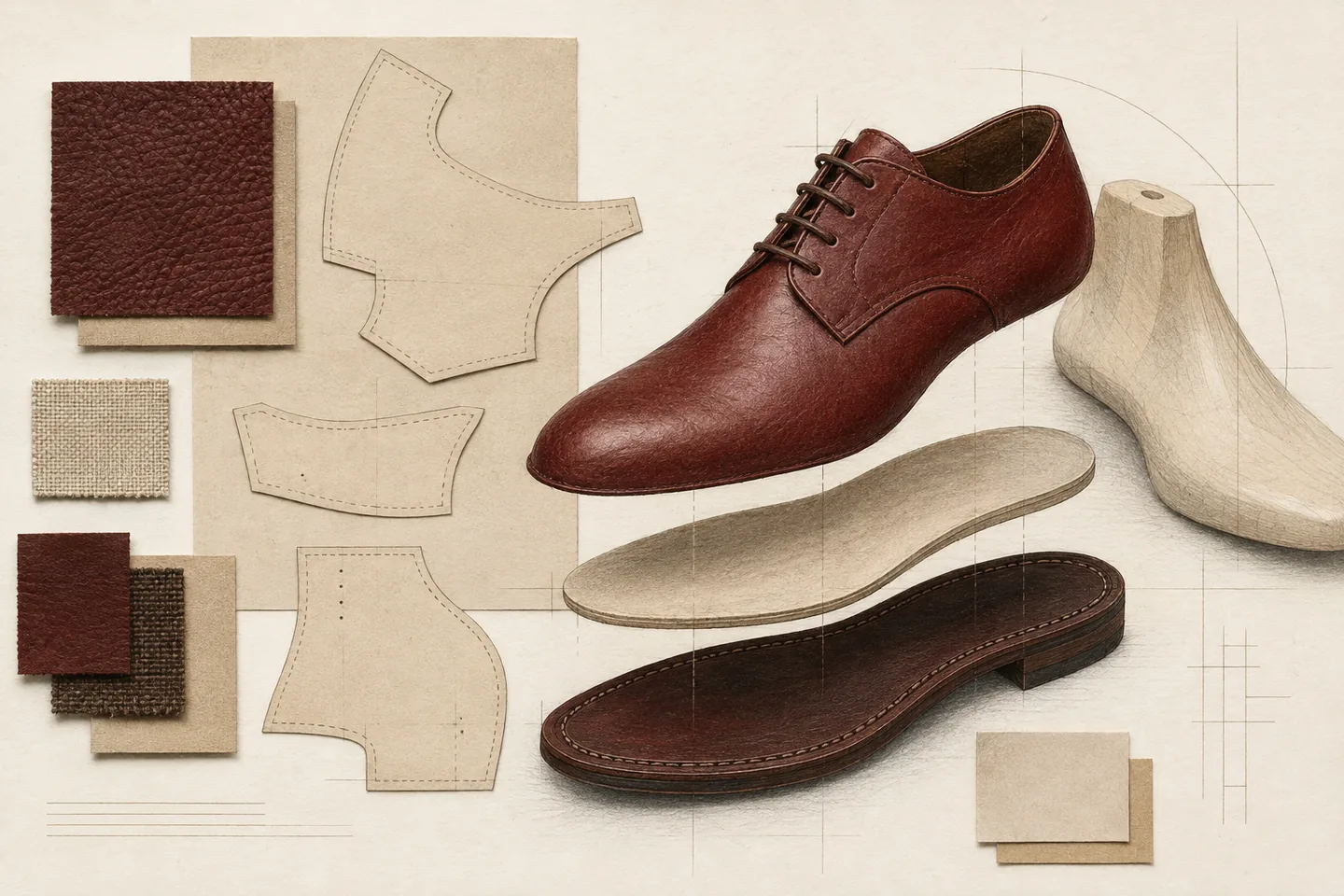 Illustration of an oxblood lace-up shoe upper above separate insole and outsole layers, beside a wooden last, paper patterns and leather and textile swatches on warm ruled paper.