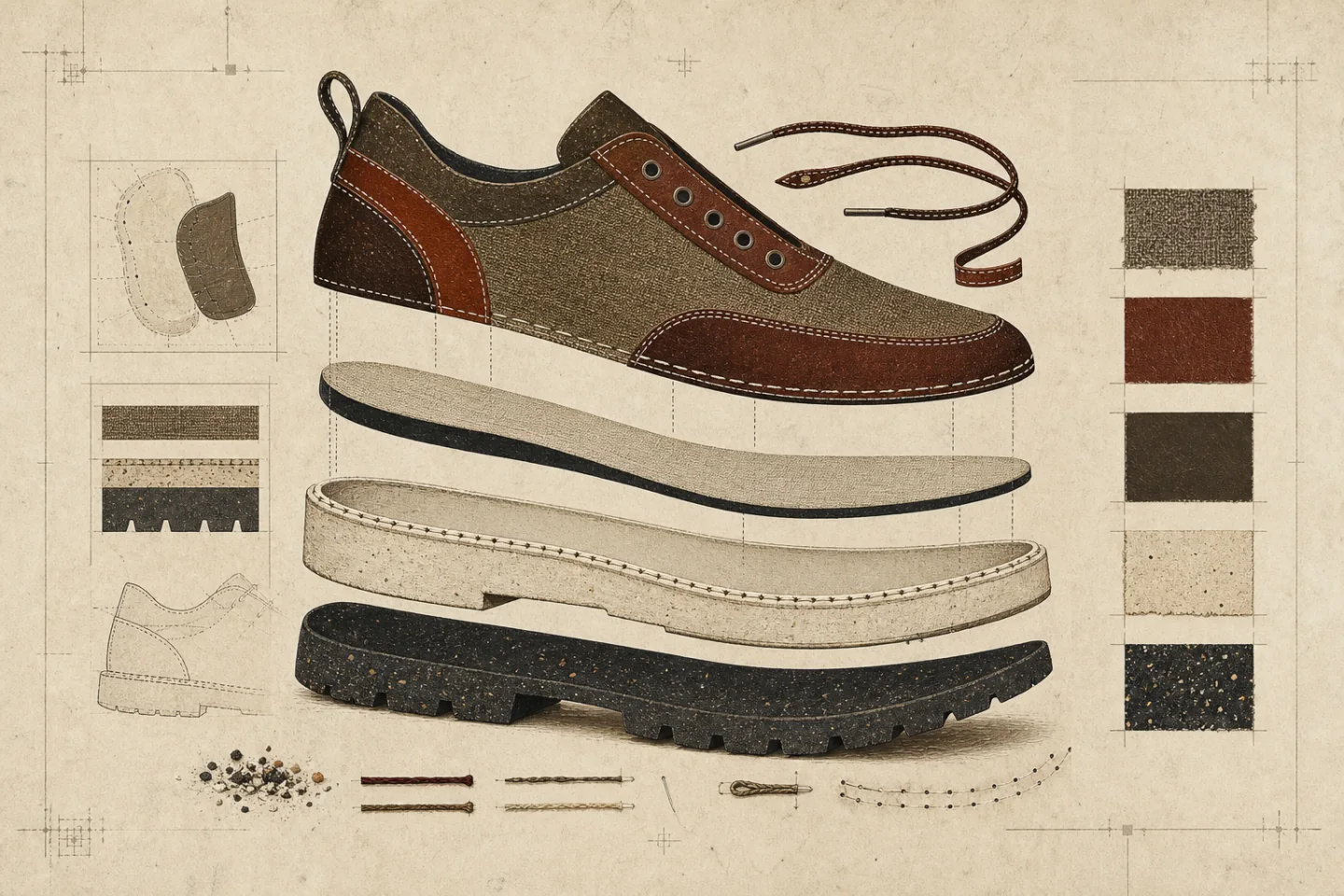Exploded technical illustration of an unbranded shoe with its upper, removable insole, stitched midsole, rubber outsole, laces, and material swatches separated on warm dossier paper.
