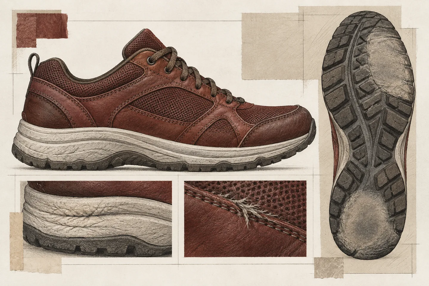 Oxblood walking shoe illustrated on warm paper beside a sole with worn heel and forefoot tread, with details of compressed cushioning and a frayed upper seam.
